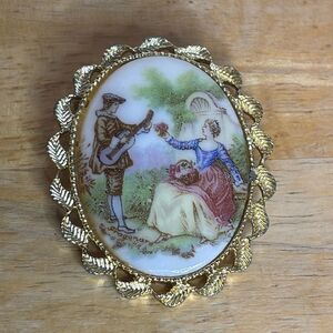 Vintage Limoges Courting Couple on Porcelain Oval Brooch with Gold Tone Setting